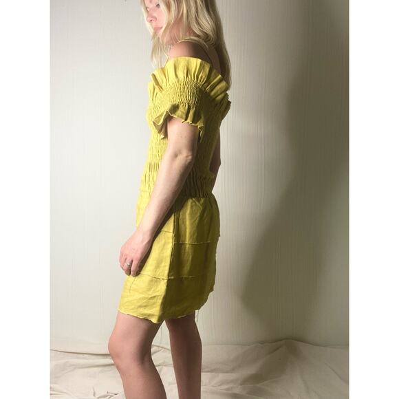 SIR. THE LABEL Mariele One Sleeve Smocked Bust Mustard Linen Mini Dress US SMALL - Picture 4 of 16